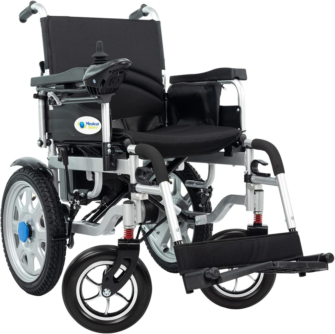 Medical Store de Lujo Silla De Ruedas Eléctrica, Modelo 101GMS, Silla Plegable de Acero de Alta Resistencia, Color Negro, Incluye Cinturón de seguridad y Control Joystick.