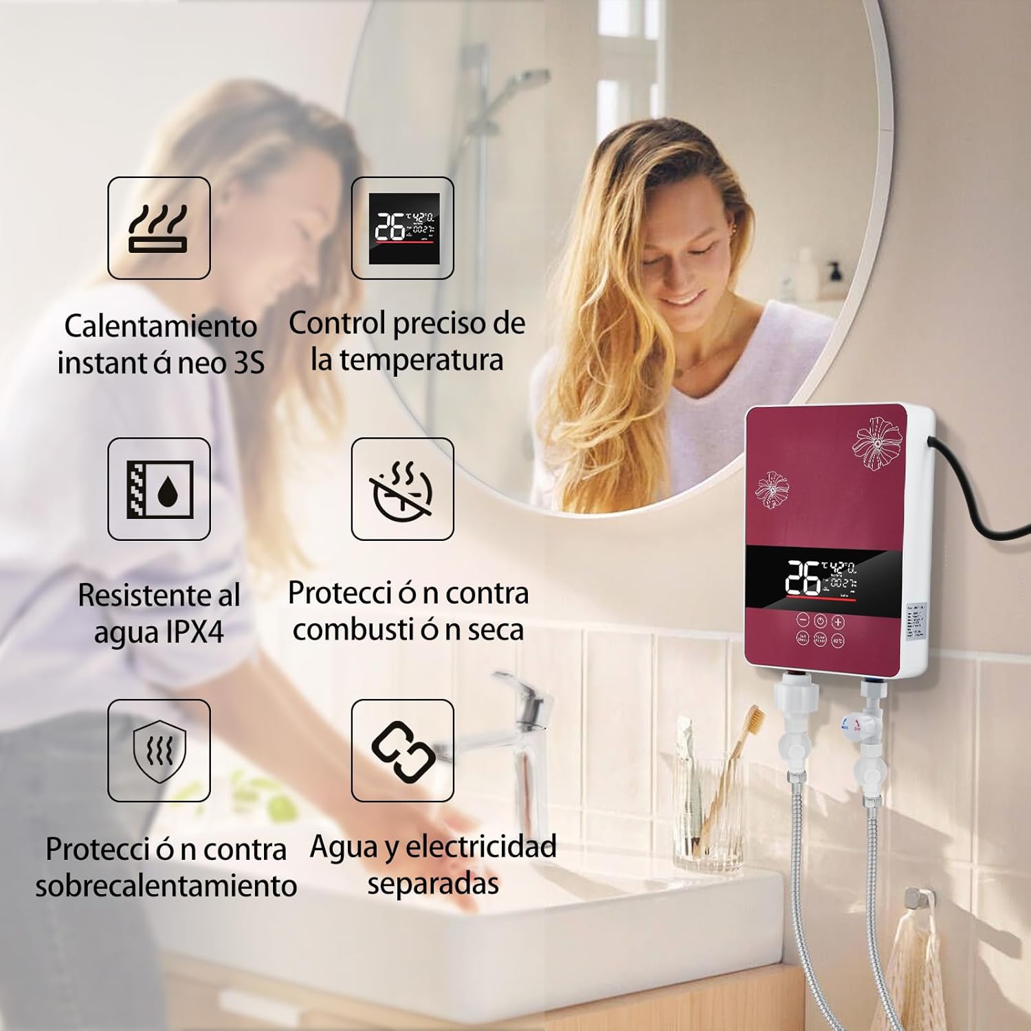 Calentador de Agua Electrico, Calentador de Agua instantaneo con Cabezal de Ducha, Pantalla Táctil de Ajuste Temp, Control Remoto, 5KW Calentador Electrico para Hogar Agua, Ahorra Hasta 80% de Gas