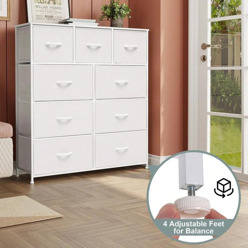 Cómoda Alta de 9 Cajones para Recámara y Closet, Mueble Organizador de Ropa y Juguetero para Bebé, Cajonera de Tela con Estante de Madera, Torre de Almacenamiento Vertical (Blanco)