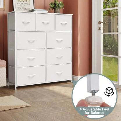 Cómoda Alta de 9 Cajones para Recámara y Closet, Mueble Organizador de Ropa y Juguetero para Bebé, Cajonera de Tela con Estante de Madera, Torre de Almacenamiento Vertical (Blanco)