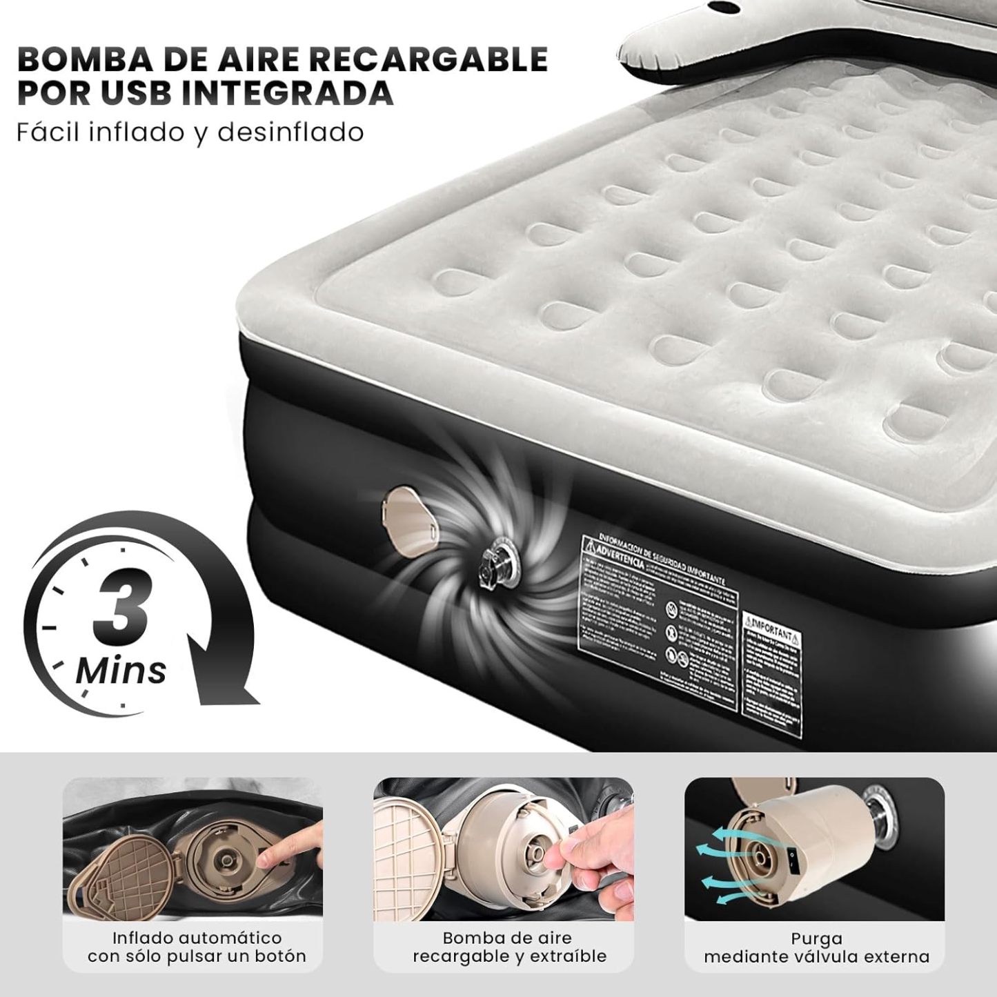 HEEDU Colchón de Aire Inflable con Cabecero, Bomba de Aire Eléctrica Inalámbrica, 2 Almohada Inflable, Inflado Rápido Automático, Cama Inflable Queen para Hogar, Viajes y Camping