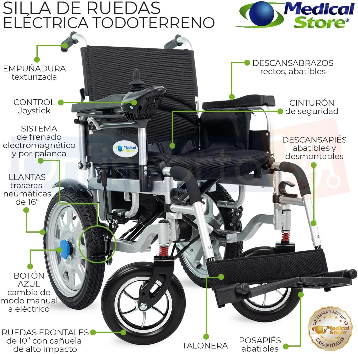 Medical Store de Lujo Silla De Ruedas Eléctrica, Modelo 101GMS, Silla Plegable de Acero de Alta Resistencia, Color Negro, Incluye Cinturón de seguridad y Control Joystick.
