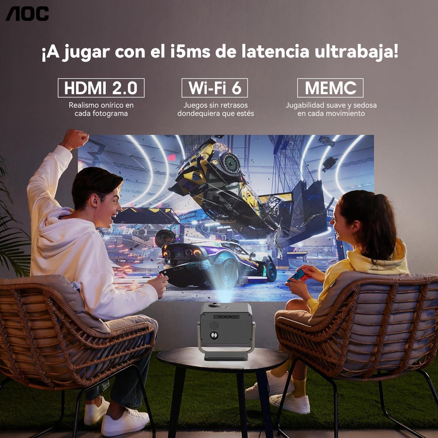 AOC Proyector portátil 4K Full HD,Enfoque automático,corrección Trapezoidal y ángulo Ajustable,con WiFi6 y Bluetooth,15000 lúmenes,Compatible con iOS,Android,PC,PS4 y PS5 para Trabajar y Jugar