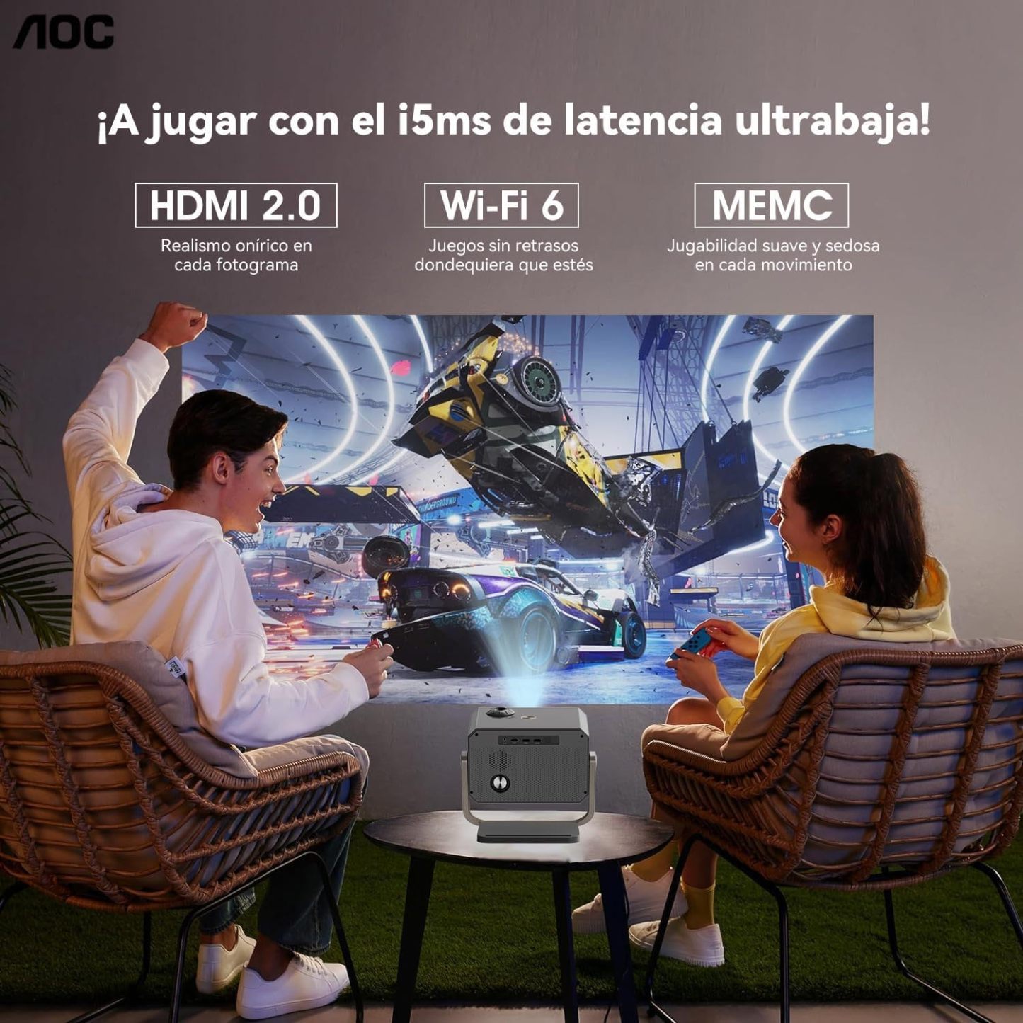 AOC Proyector portátil 4K Full HD,Enfoque automático,corrección Trapezoidal y ángulo Ajustable,con WiFi6 y Bluetooth,15000 lúmenes,Compatible con iOS,Android,PC,PS4 y PS5 para Trabajar y Jugar