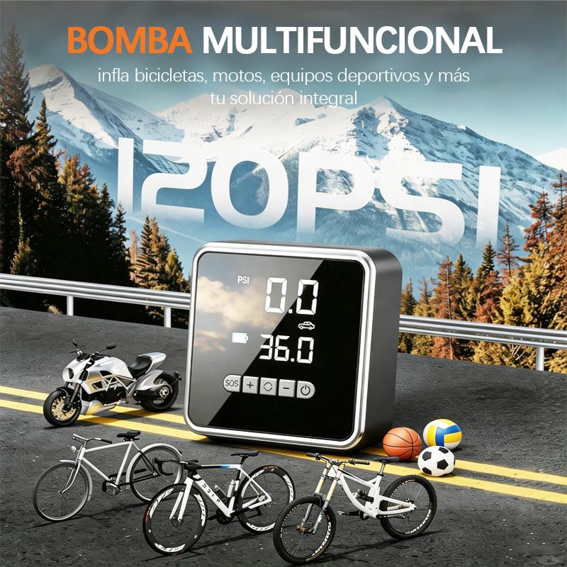 Inflador eléctrico portátil 5 en 1 con pantalla digital y función de apagado automático. Adecuado para coche, moto, bici y balón. Cuenta con batería recargable y modo power bank. Diseño ligero, inalámbrico y fácil de guardar, ideal para viajes y emergenci
