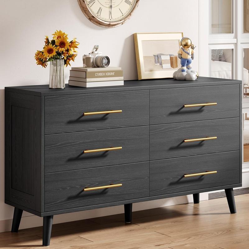 Cómoda de 6 Cajones para Recámara - Cajonera de Madera con Tiradores de Metal, Mueble de Almacenamiento Organizador para Dormitorio, Sala de Estar, Entrada (Negro)