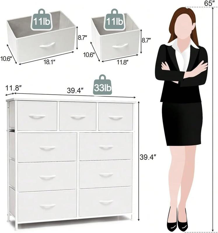 Cómoda Alta de 9 Cajones para Recámara y Closet, Mueble Organizador de Ropa y Juguetero para Bebé, Cajonera de Tela con Estante de Madera, Torre de Almacenamiento Vertical (Blanco)