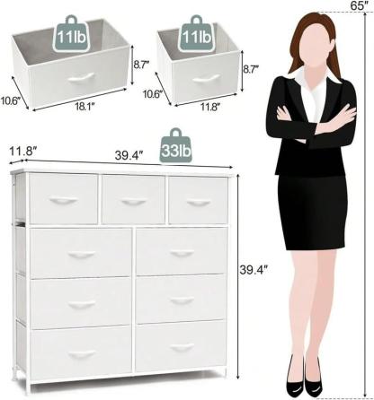Cómoda Alta de 9 Cajones para Recámara y Closet, Mueble Organizador de Ropa y Juguetero para Bebé, Cajonera de Tela con Estante de Madera, Torre de Almacenamiento Vertical (Blanco)