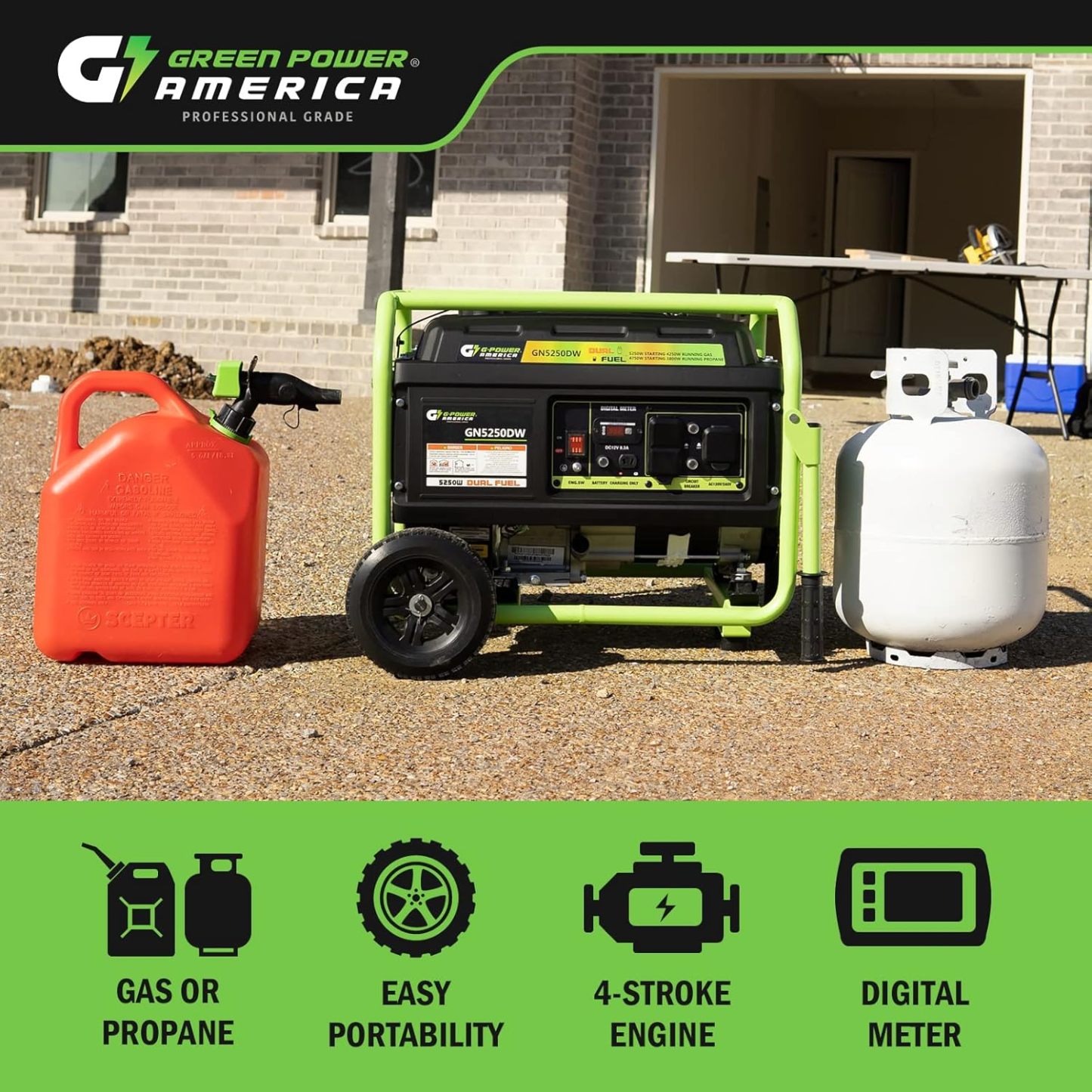 Green-Power America GN5250DW generador de Combustible Dual con propano y Gasolina de 5250 vatios, Color Verde