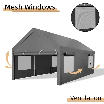 Cobertizo para Auto 10/12x20 ft – Garaje Portátil para Exterior, Toldos de Alta Resistencia con Ventanas Ventiladas y Laterales Removibles, Protección contra Humedad para Vehículos, Fiesta, Campamento o Herramientas, PVC Duradero, Gris/Blanco