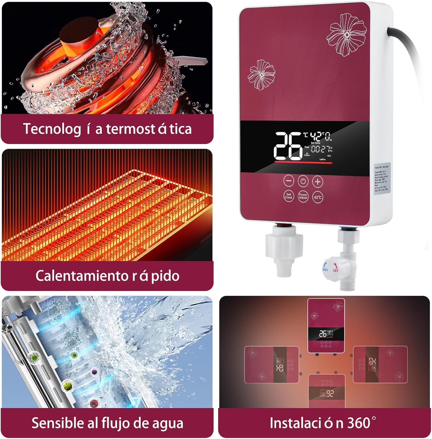 Calentador de Agua Electrico, Calentador de Agua instantaneo con Cabezal de Ducha, Pantalla Táctil de Ajuste Temp, Control Remoto, 5KW Calentador Electrico para Hogar Agua, Ahorra Hasta 80% de Gas