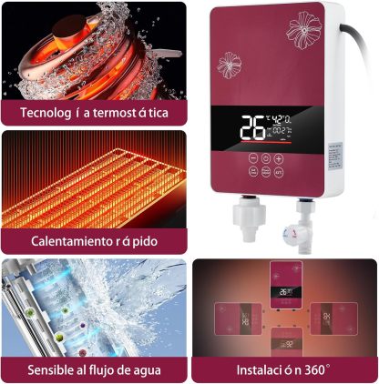 Calentador de Agua Electrico, Calentador de Agua instantaneo con Cabezal de Ducha, Pantalla Táctil de Ajuste Temp, Control Remoto, 5KW Calentador Electrico para Hogar Agua, Ahorra Hasta 80% de Gas