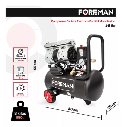 Compresor Libre De Aceite Silencioso 1hp 24l 110v Fase Eléctrica Monofásica Frecuencia 60 Foreman Color Negro