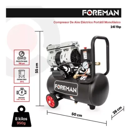 Compresor Libre De Aceite Silencioso 1hp 24l 110v Fase Eléctrica Monofásica Frecuencia 60 Foreman Color Negro
