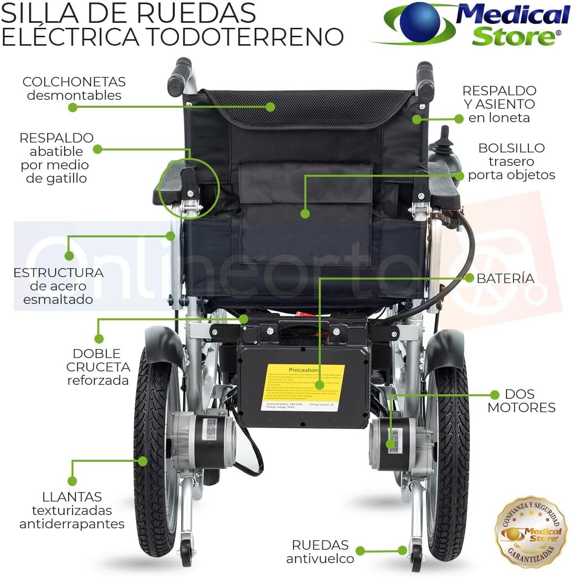 Medical Store de Lujo Silla De Ruedas Eléctrica, Modelo 101GMS, Silla Plegable de Acero de Alta Resistencia, Color Negro, Incluye Cinturón de seguridad y Control Joystick.