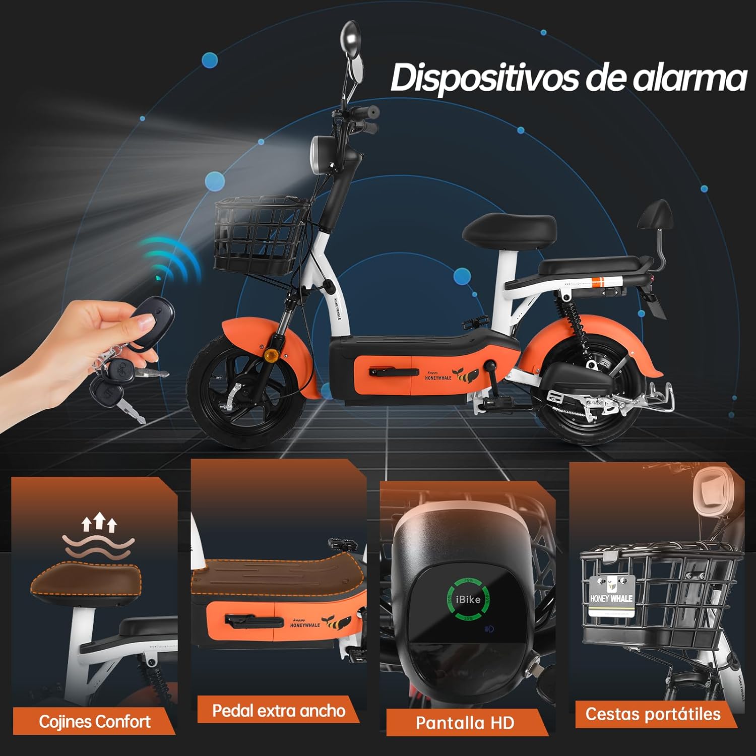HONEYWHALE U1s Bicicleta eléctrica para adultos, bicicleta eléctrica con alarma, motor máximo 650W, velocidad máxima 31KM/H, autónoma 60-65KM, batería de gran capacidad 20AH, dos asientos