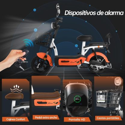HONEYWHALE U1s Bicicleta eléctrica para adultos, bicicleta eléctrica con alarma, motor máximo 650W, velocidad máxima 31KM/H, autónoma 60-65KM, batería de gran capacidad 20AH, dos asientos