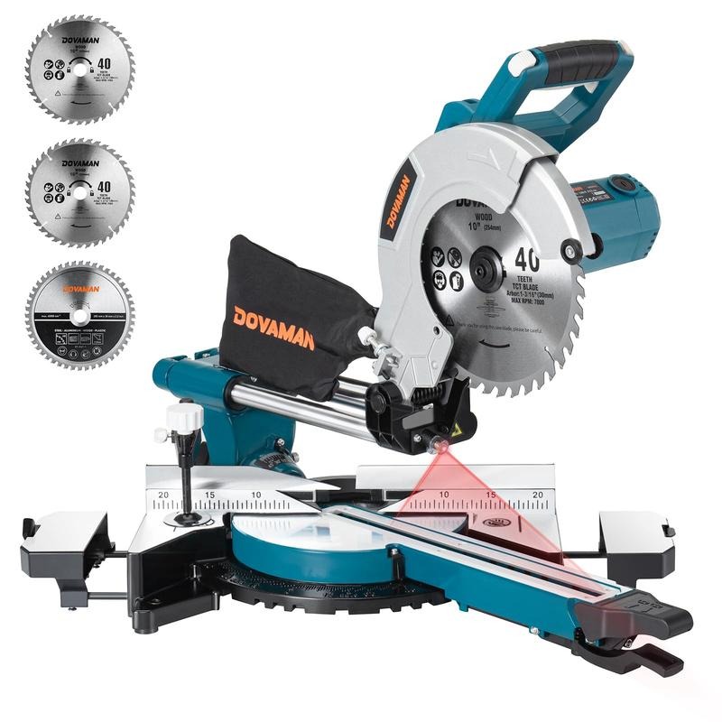 Sierra ingletadora deslizante de bisel simple DOVAMAN de 10 pulgadas y 15 A, con 3 hojas, 4500/3200 RPM, capacidad de corte máxima de 3,5 x 13,4 pulgadas, 9 topes de posición fija para madera, PVC o metales blandos.