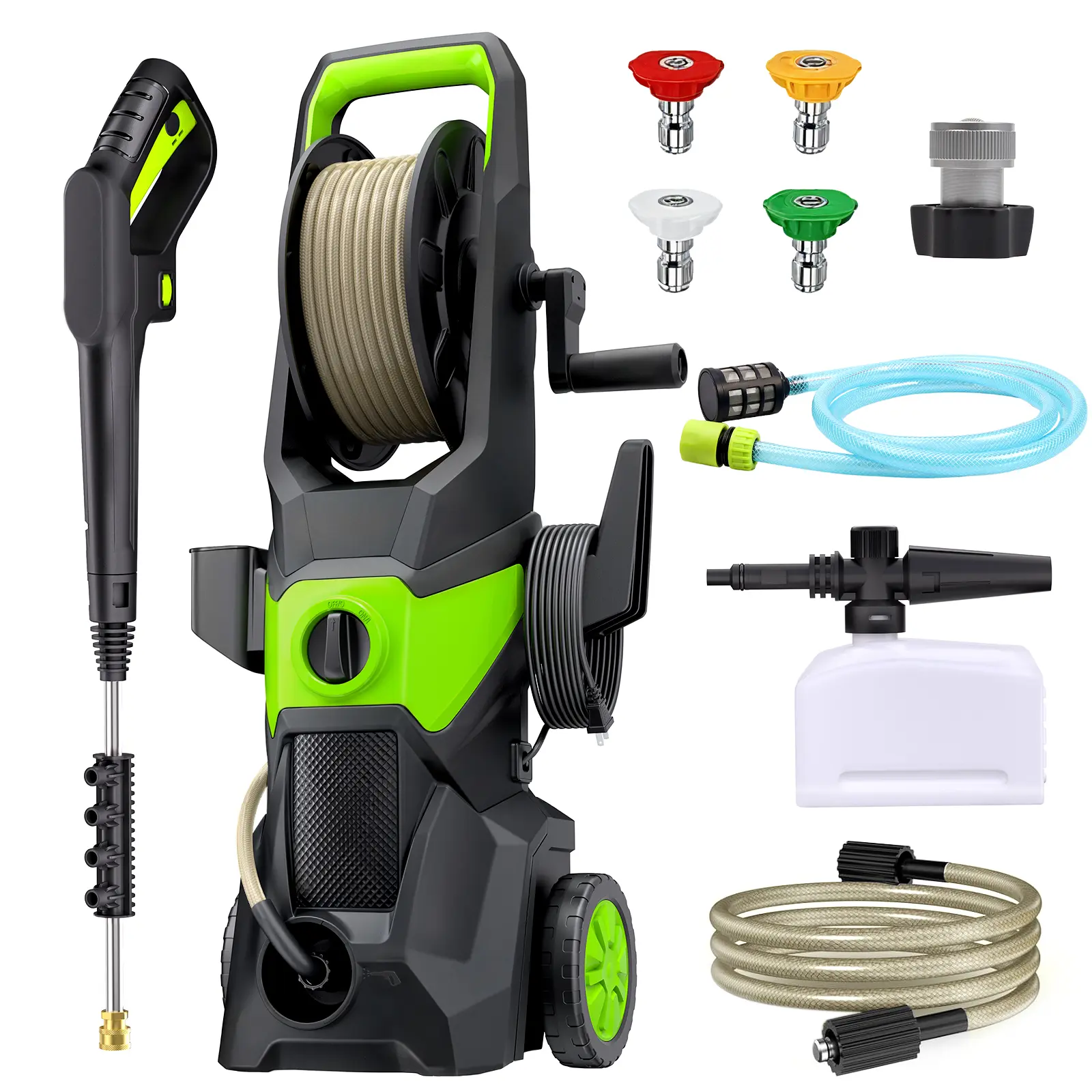 Hidrolavadora eléctrica 2600 PSI 2.4 GPM con 4 boquillas y cañón de espuma, ideal para autos, entradas, terrazas, cercas y limpieza exterior.