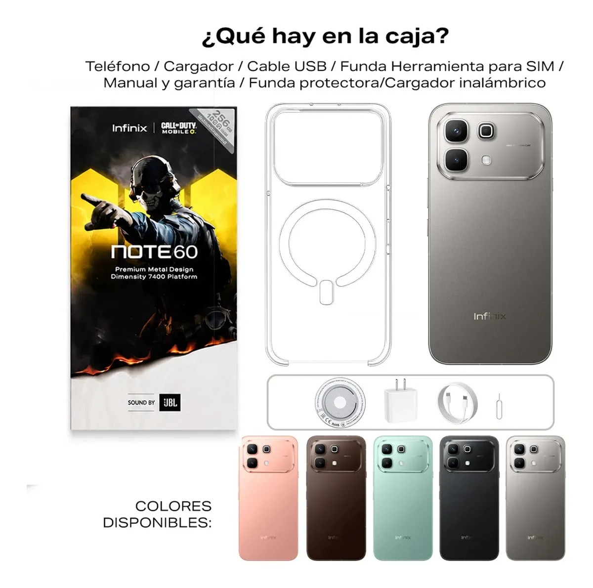 Celular Infinix Note 60 5G 256GB+16GB RAM: 8GB+8GB Extendible, 6,78" AMOLED 144Hz 1.5K 6150mAh 30W Inalámbrica 45W Carga Rápida Ai Smartphone Dual SIM Cámara 50MP+13MP Live Photo Negro Medianoche