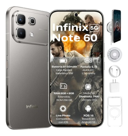 Infinix Note 60 5G  | 256GB+16GB RAM: 8GB+8GB Extendible |  6,78'' AMOLED 144Hz 1.5K | 6150mAh 30W Inalámbrica 45W Carga Rápida | Cámara 50MP+13MP Live Photo | Fizz Azul