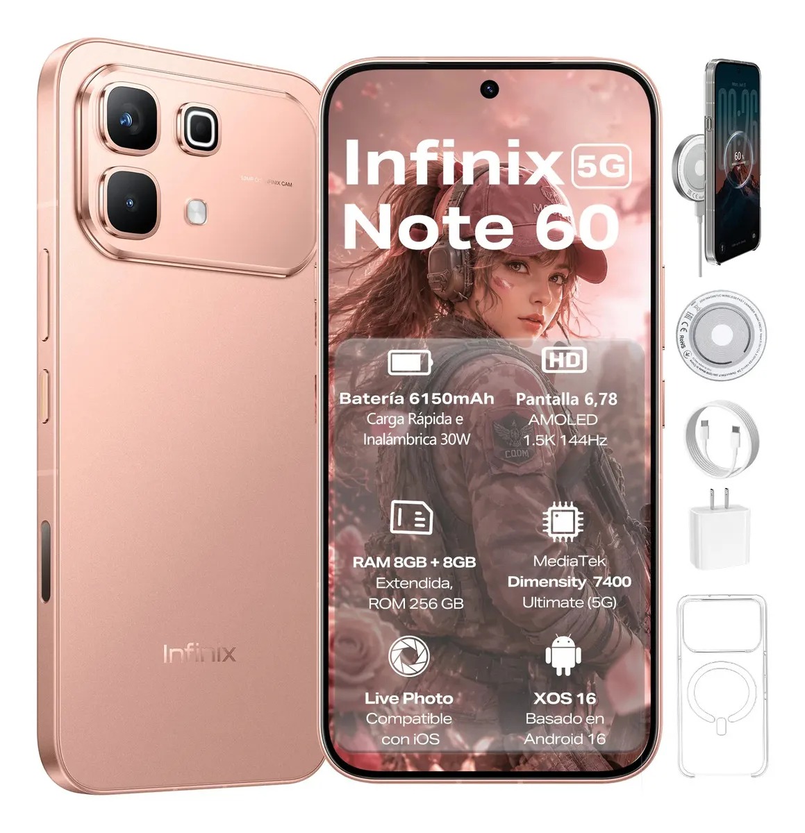 Infinix Note 60 5G  | 256GB+16GB RAM: 8GB+8GB Extendible |  6,78'' AMOLED 144Hz 1.5K | 6150mAh 30W Inalámbrica 45W Carga Rápida | Cámara 50MP+13MP Live Photo | Fizz Azul