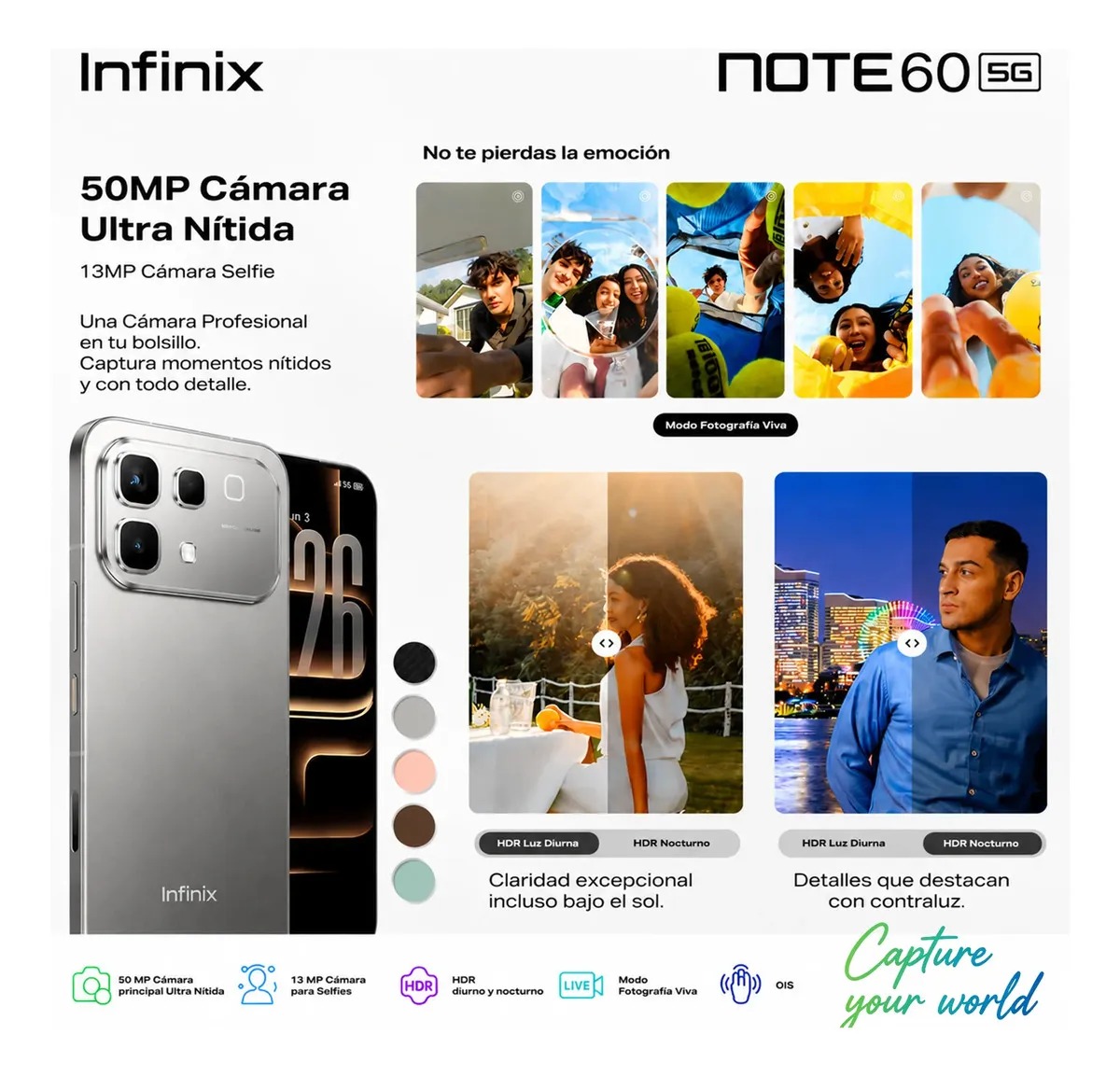 Celular Infinix Note 60 5G 256GB+16GB RAM: 8GB+8GB Extendible, 6,78" AMOLED 144Hz 1.5K 6150mAh 30W Inalámbrica 45W Carga Rápida Ai Smartphone Dual SIM Cámara 50MP+13MP Live Photo Negro Medianoche
