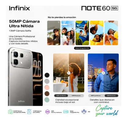Celular Infinix Note 60 5G 256GB+16GB RAM: 8GB+8GB Extendible, 6,78" AMOLED 144Hz 1.5K 6150mAh 30W Inalámbrica 45W Carga Rápida Ai Smartphone Dual SIM Cámara 50MP+13MP Live Photo Negro Medianoche