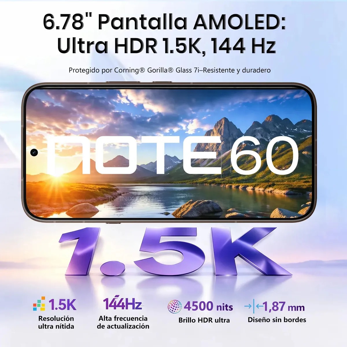 Celular Infinix Note 60 5G 256GB+16GB RAM: 8GB+8GB Extendible, 6,78" AMOLED 144Hz 1.5K 6150mAh 30W Inalámbrica 45W Carga Rápida Ai Smartphone Dual SIM Cámara 50MP+13MP Live Photo Negro Medianoche