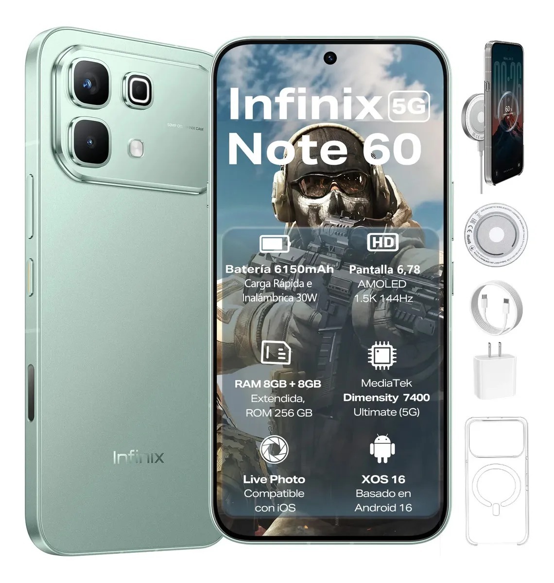 Infinix Note 60 5G | 256GB+16GB RAM: 8GB+8GB Extendible | 6,78'' AMOLED 144Hz 1.5K | 6150mAh 30W Inalámbrica 45W Carga Rápida | Cámara 50MP+13MP Live Photo | Fizz Azul