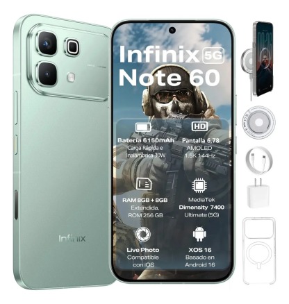 Infinix Note 60 5G  | 256GB+16GB RAM: 8GB+8GB Extendible |  6,78'' AMOLED 144Hz 1.5K | 6150mAh 30W Inalámbrica 45W Carga Rápida | Cámara 50MP+13MP Live Photo | Fizz Azul