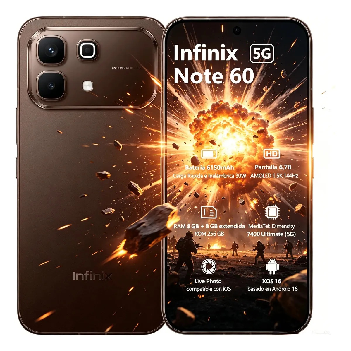 Infinix Note 60 5G  | 256GB+16GB RAM: 8GB+8GB Extendible |  6,78'' AMOLED 144Hz 1.5K | 6150mAh 30W Inalámbrica 45W Carga Rápida | Cámara 50MP+13MP Live Photo | Fizz Azul
