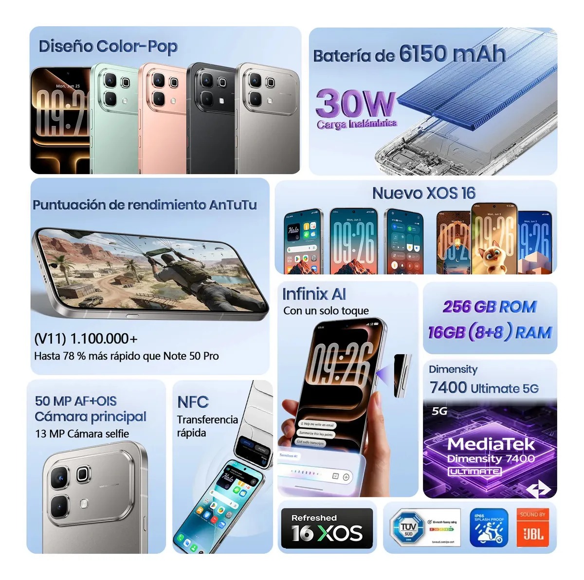 Celular Infinix Note 60 5G 256GB+16GB RAM: 8GB+8GB Extendible, 6,78" AMOLED 144Hz 1.5K 6150mAh 30W Inalámbrica 45W Carga Rápida Ai Smartphone Dual SIM Cámara 50MP+13MP Live Photo Negro Medianoche