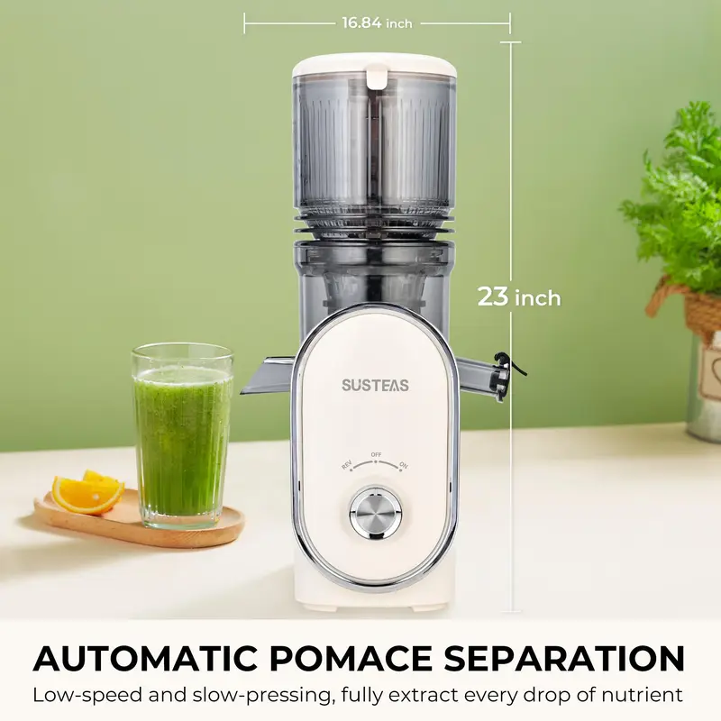 Licuadora de prensado en frío SUSTEAS XL de 13,5 cm (5,3"): ¡Apto para frutas y verduras enteras, sin necesidad de cortarlas! Alta retención de nutrientes y máximo rendimiento de jugo.