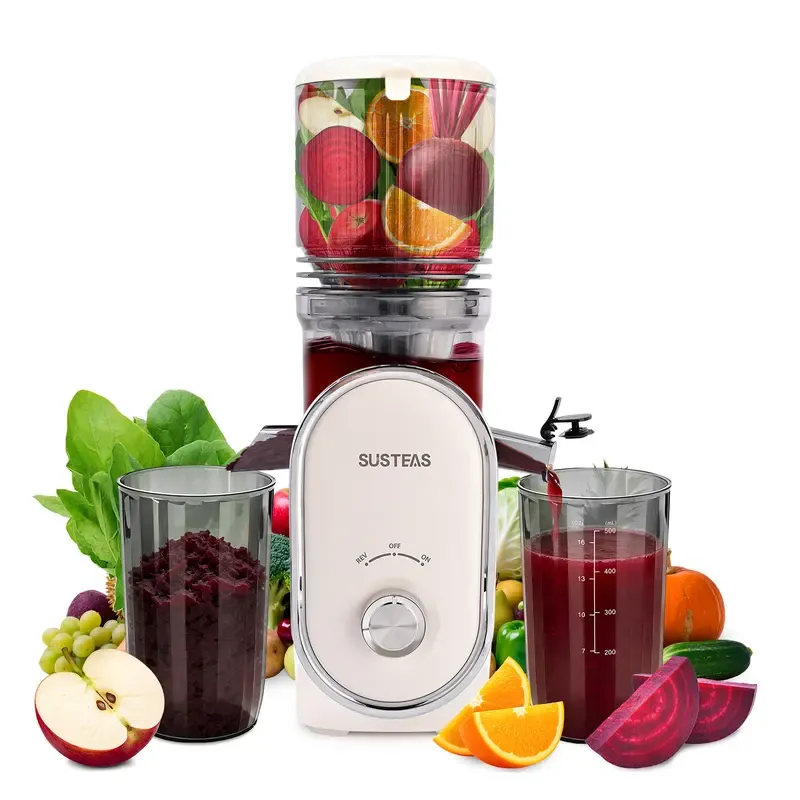 Licuadora de prensado en frío SUSTEAS XL de 13,5 cm (5,3"): ¡Apto para frutas y verduras enteras, sin necesidad de cortarlas! Alta retención de nutrientes y máximo rendimiento de jugo.