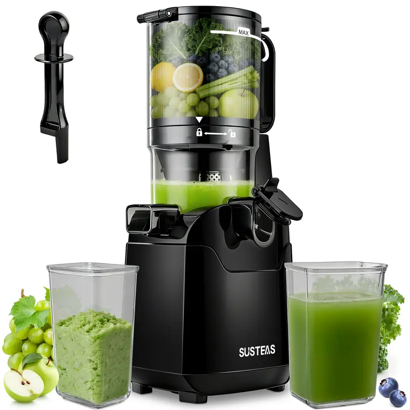 Licuadora de prensado en frío SUSTEAS XL de 13,5 cm (5,3"): ¡Apto para frutas y verduras enteras, sin necesidad de cortarlas! Alta retención de nutrientes y máximo rendimiento de jugo.