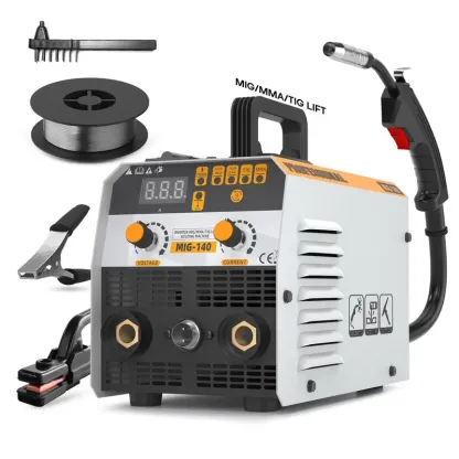 Kit de soldadora MIG 3 en 1 con control sinérgico, máquina de soldar de 140 A y 110 V con núcleo fundente/TIG/MMA, pantalla digital LED.