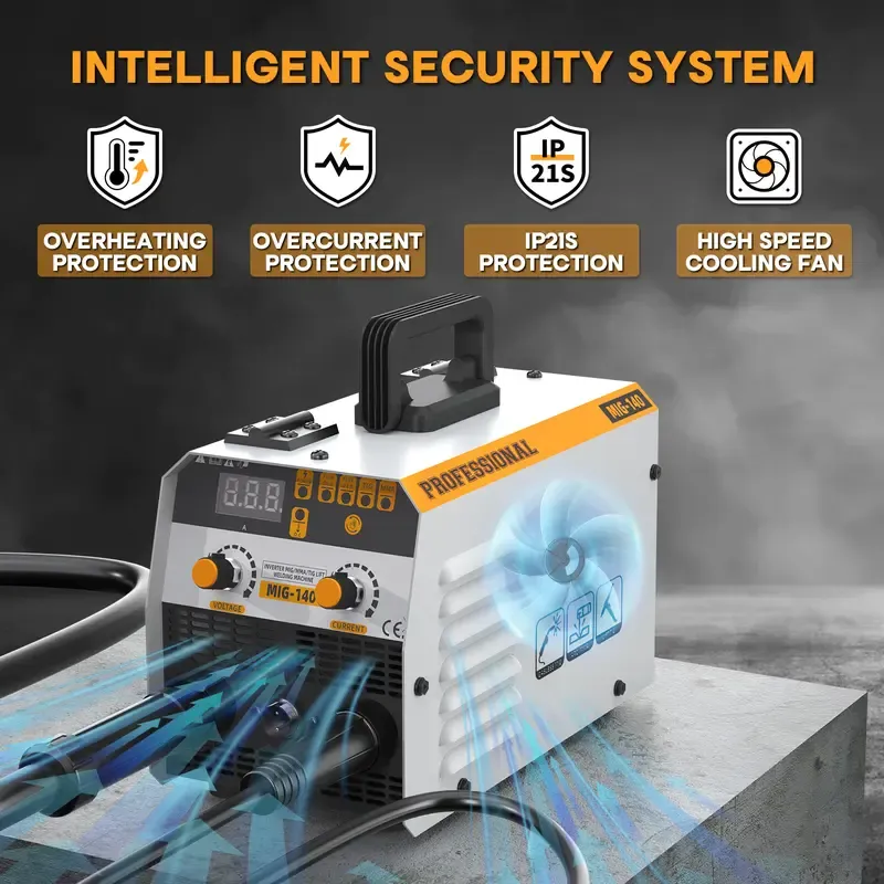 Kit de soldadora MIG 3 en 1 con control sinérgico, máquina de soldar de 140 A y 110 V con núcleo fundente/TIG/MMA, pantalla digital LED.
