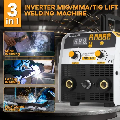 Kit de soldadora MIG 3 en 1 con control sinérgico, máquina de soldar de 140 A y 110 V con núcleo fundente/TIG/MMA, pantalla digital LED.