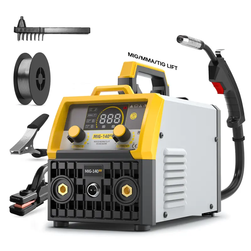 Kit de soldadora MIG 3 en 1 con control sinérgico, máquina de soldar de 140 A y 110 V con núcleo fundente/TIG/MMA, pantalla digital LED.