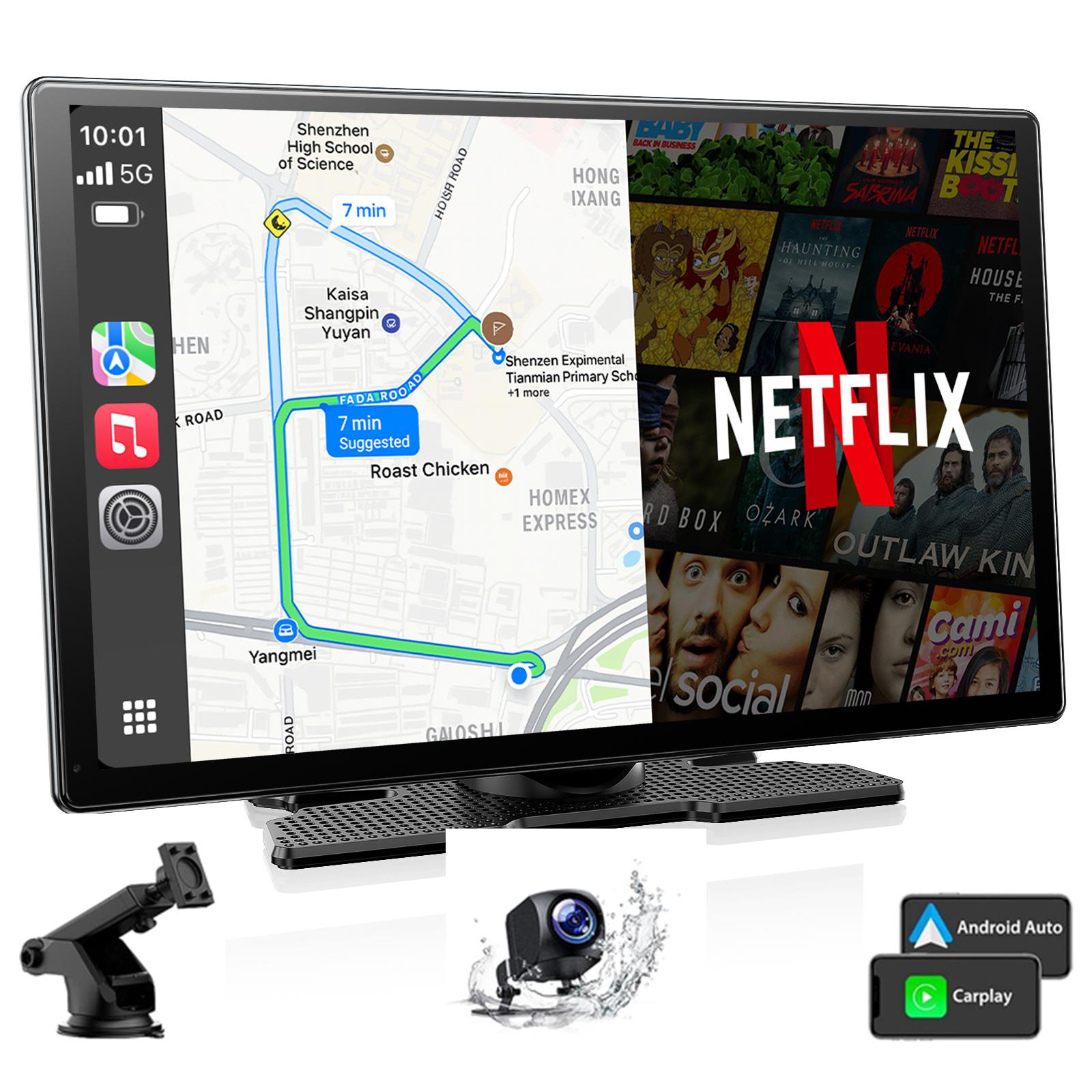 Pantalla inalámbrica CarPlay de 9" para vehículos antiguos – Con Netflix, YouTube y TikTok integrados, incluye kit de cámara de marcha atrás 720P; no requiere modificaciones en el vehículo y es compatible con automóviles, camiones y SUV de 12-24V.