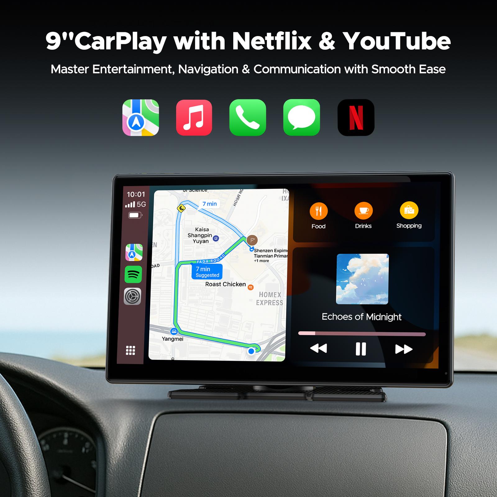 Pantalla inalámbrica CarPlay de 9" para vehículos antiguos – Con Netflix, YouTube y TikTok integrados, incluye kit de cámara de marcha atrás 720P; no requiere modificaciones en el vehículo y es compatible con automóviles, camiones y SUV de 12-24V.