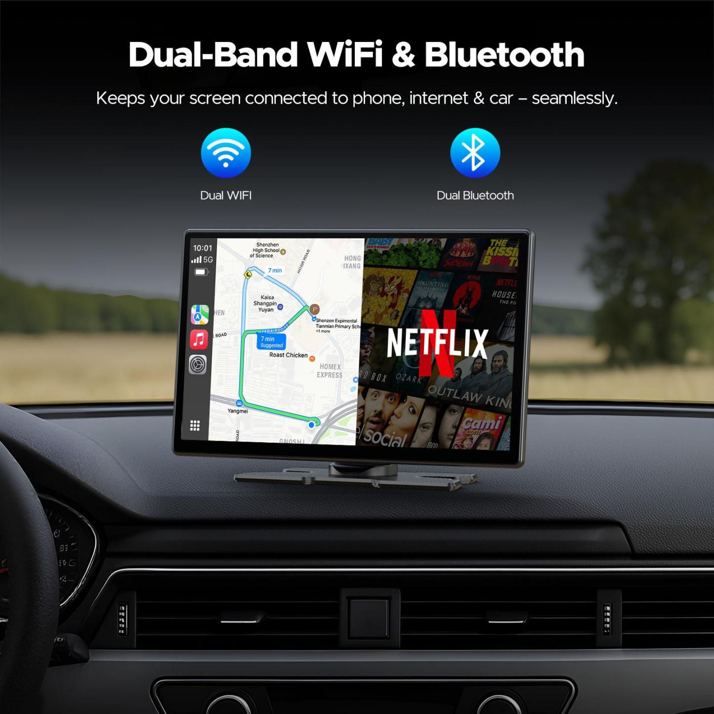 Pantalla inalámbrica CarPlay de 9" para vehículos antiguos – Con Netflix, YouTube y TikTok integrados, incluye kit de cámara de marcha atrás 720P; no requiere modificaciones en el vehículo y es compatible con automóviles, camiones y SUV de 12-24V.