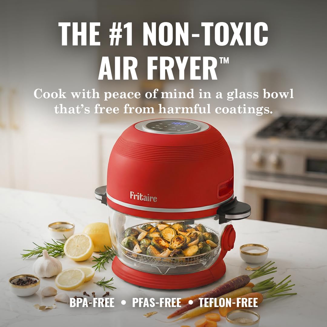 Non Toxic Air Fryer Pro | Freidora de aire de vidrio 9 en 1 | Autolimpiante | 5 cuartos | Asador y vaso | Vórtice de 400 F para cocinar uniformemente, sin teflón, recrisp, asado, hornear, rosa malva