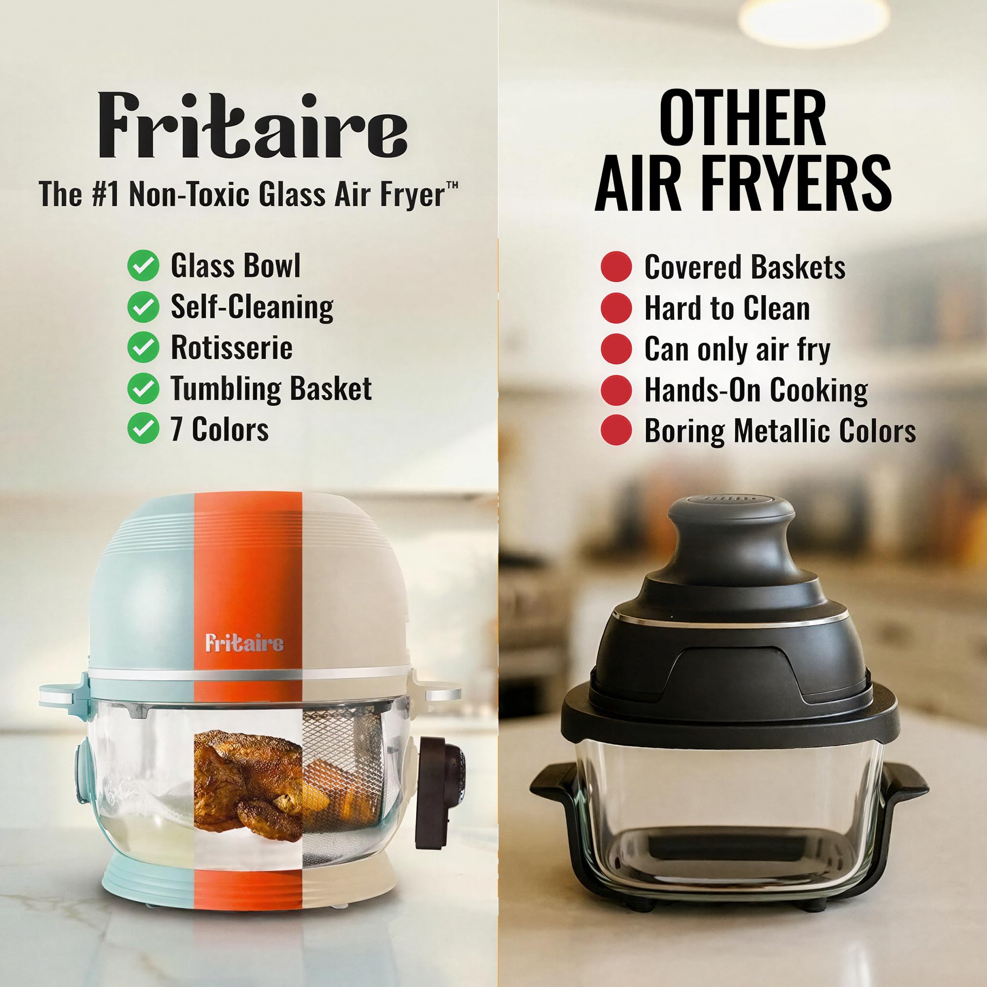 Non Toxic Air Fryer Pro | Freidora de aire de vidrio 9 en 1 | Autolimpiante | 5 cuartos | Asador y vaso | Vórtice de 400 F para cocinar uniformemente, sin teflón, recrisp, asado, hornear, rosa malva