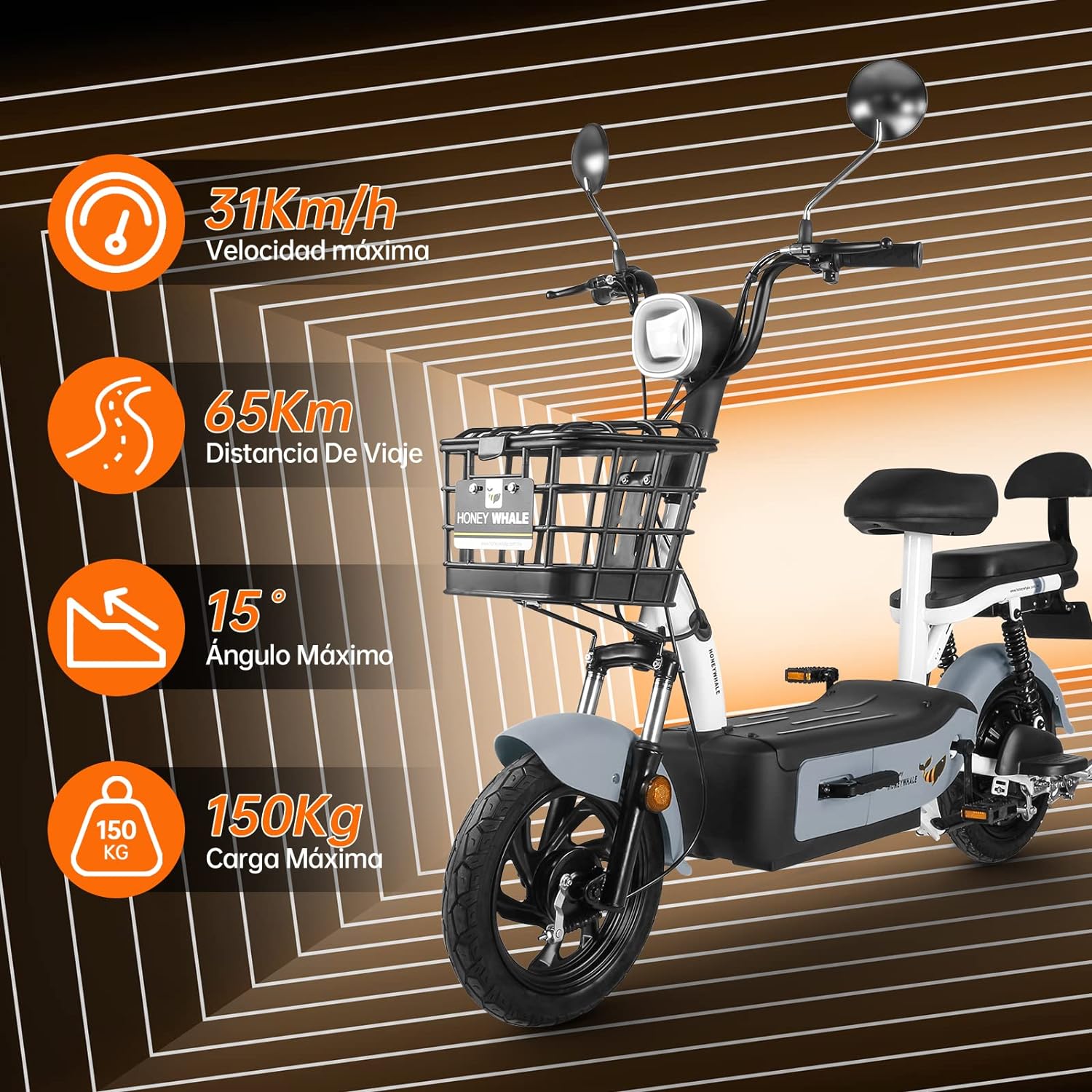 HONEYWHALE U1s Bicicleta eléctrica para adultos, bicicleta eléctrica con alarma, motor máximo 650W, velocidad máxima 31KM/H, autónoma 60-65KM, batería de gran capacidad 20AH, dos asientos
