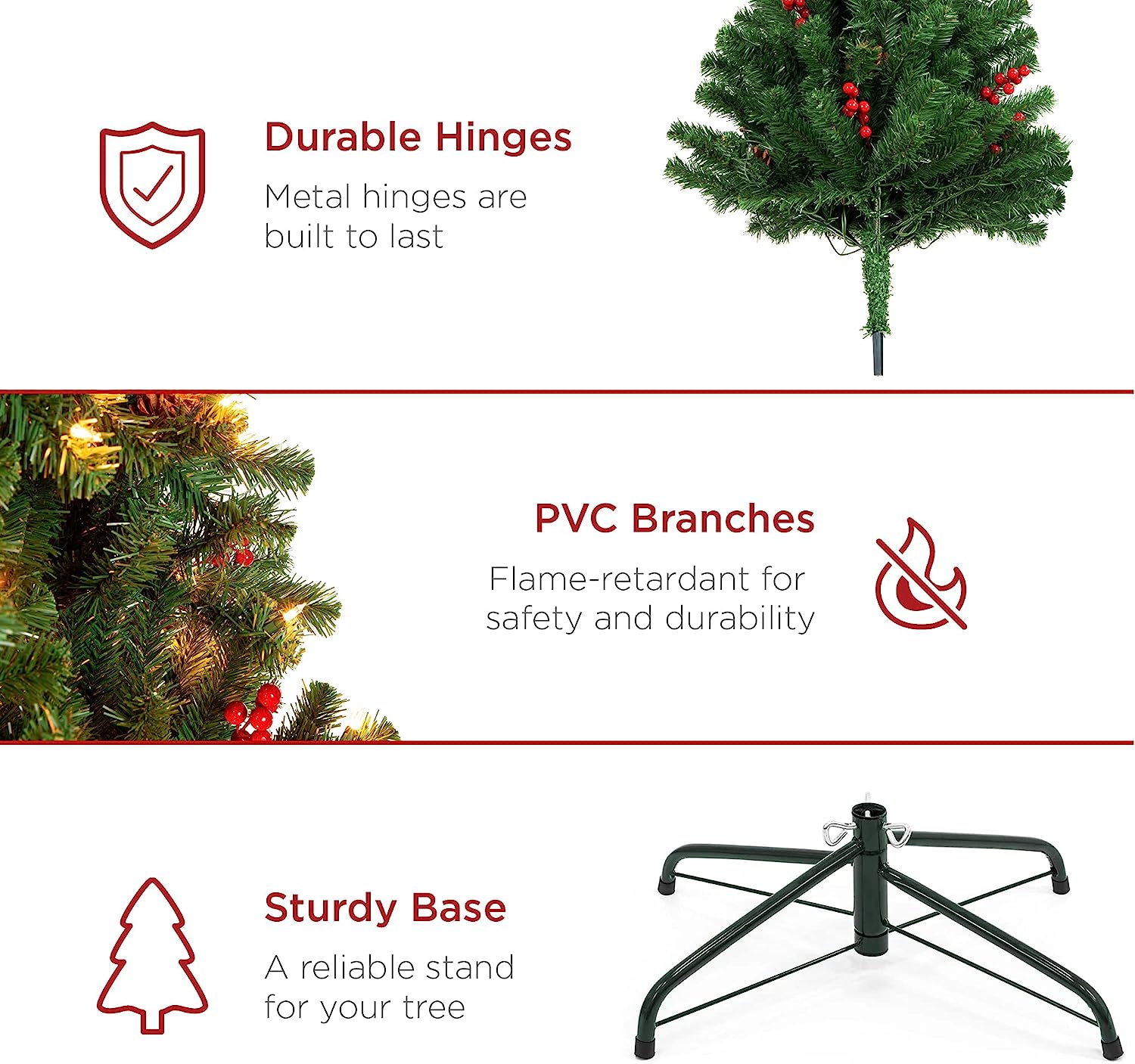 Best Choice Products - Árbol de Navidad artificial preiluminado de 7 pies predecorado con bisagras, con 1.346 puntas, piñas, bayas, 550 luces, base de metal