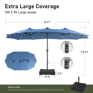 Phivilla Home – Sombrilla grande para patio exterior de 15 pies con base – Opción de luz LED, doble cara, manivela, impermeable