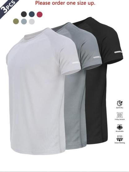 Reflective Sportswear T-Shirt, Breathable Quick-Dry Short Sleeve Crew Neck, Lightweight Men's Athletic Tee, Ideal for Outdoor Activities, Gym and Training Apparel, Gym Top