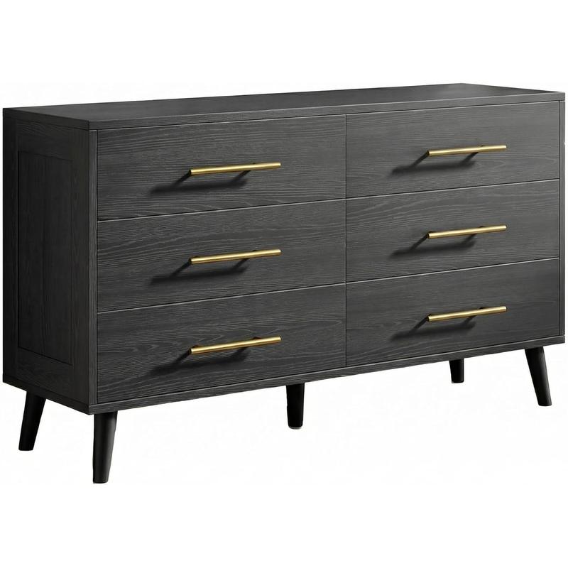 Cómoda de 6 Cajones para Recámara - Cajonera de Madera con Tiradores de Metal, Mueble de Almacenamiento Organizador para Dormitorio, Sala de Estar, Entrada (Negro)